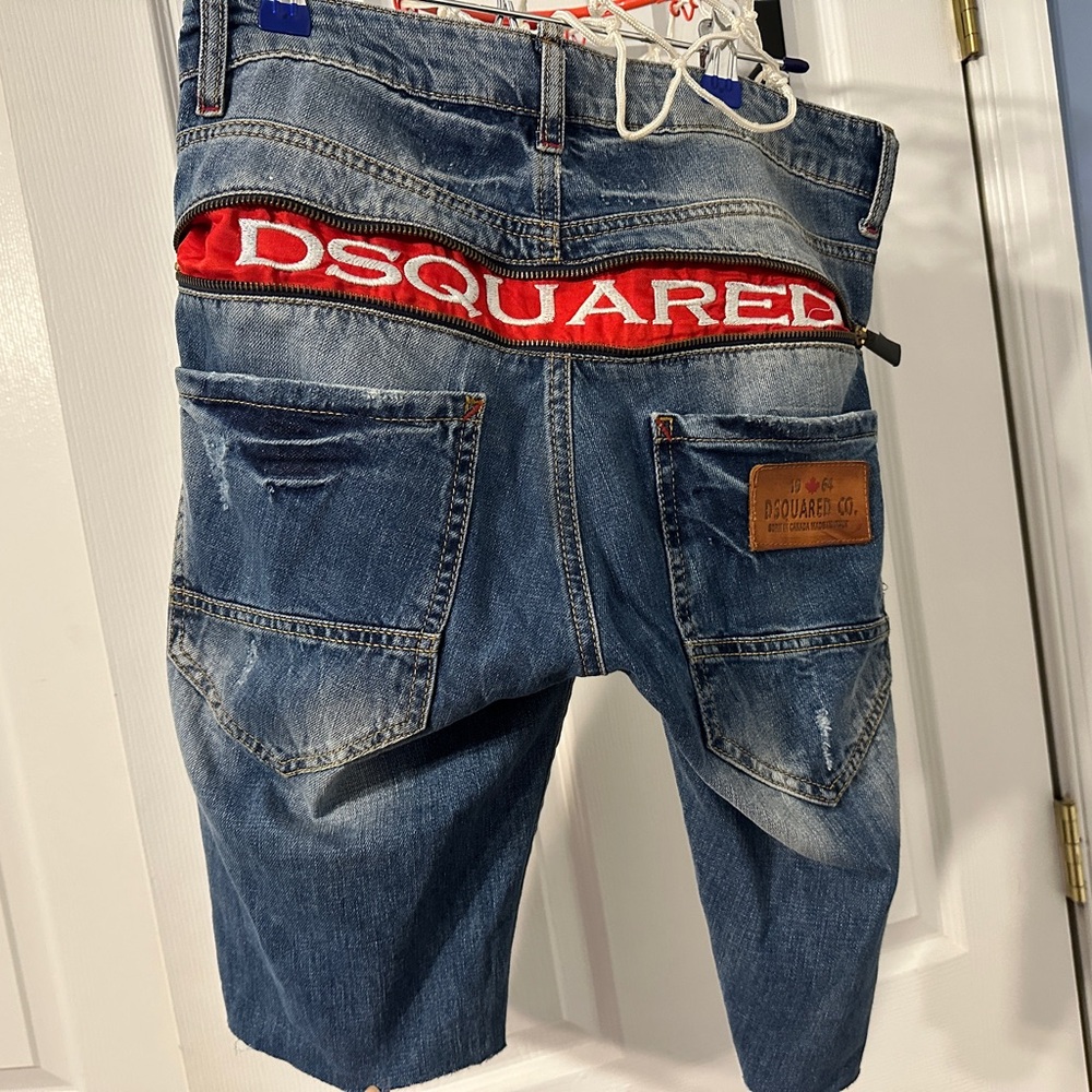 DSQUARED2 Distressed Blue Denim Shorts with Red Accent